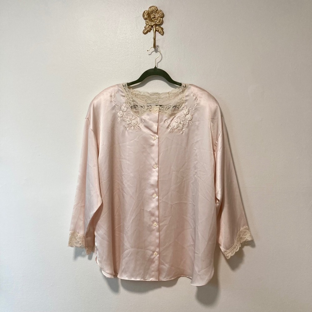 VTG 80s Linda Lingerie Satin Pajama Top Blush Pink Lace Embroidered L Coquette